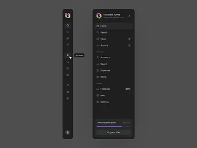 Sidebar Navigation / Menu account component dark dark theme dark ui design system effect hover interaction menu micro interaction navigation plan product design sidebar simple ui upgrade userinterface ux