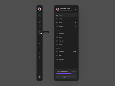 Sidebar Navigation / Menu account component dark dark theme dark ui design system effect hover interaction menu micro interaction navigation plan product design sidebar simple ui upgrade userinterface ux