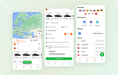 Gettransfer | Transfer mobile app android car card floating language map mobile product select setting taxi transfer ui