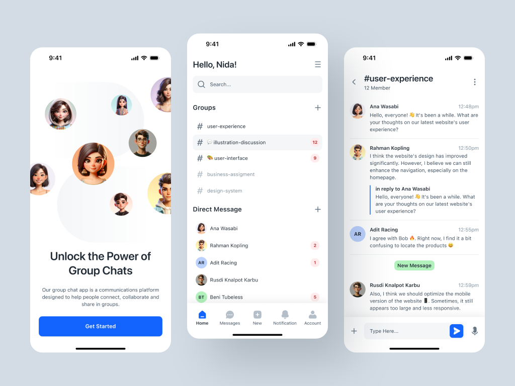 Group Chat Mobile App app app design blue chat chat app clean design group chat interface message messaging app minimal mobile talk team chat ui ux