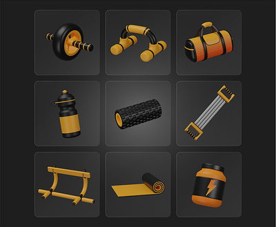 Fitness 3D Icon 3d 3d icons abs wheel blender fitness fitness 3d icon fitness icons gym gym bag icons illustration pull up bar pushup bar suppliment ui water bottle workout workout 3d icon workout illustration yoga