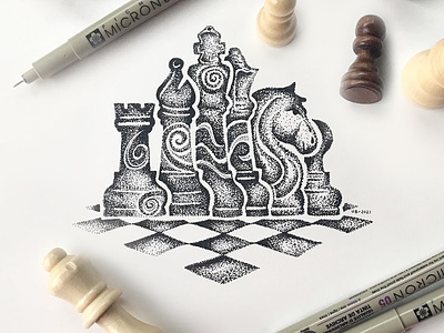 Chess Game Dotwork Illustration bnw board game chess design dotwork drawing game hand drawn illustration ink inktober king knight micron pen pen and ink pen art pointillism queen stippling