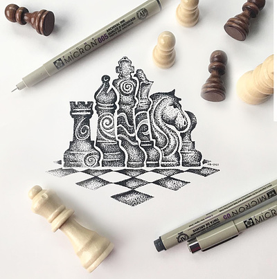 Chess Game Dotwork Illustration bnw board game chess design dotwork drawing game hand drawn illustration ink inktober king knight micron pen pen and ink pen art pointillism queen stippling