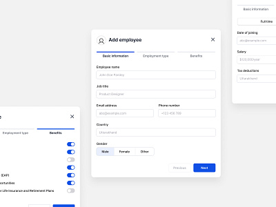 Add employee modals - UI design flow modal onboarding process product design saas stepper typography ui ux