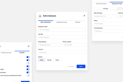 Add employee modals - UI design flow modal onboarding process product design saas stepper typography ui ux