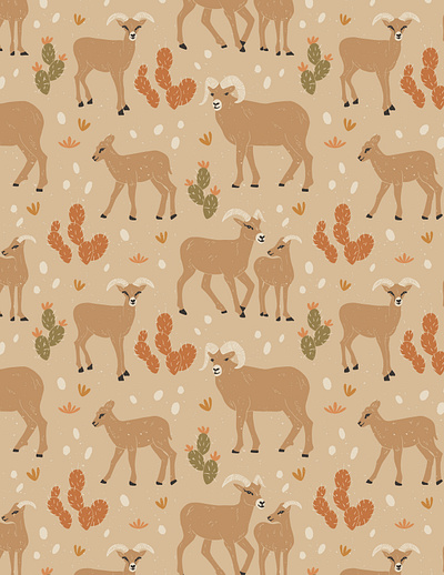 Bighorn Sheep in Natural hand drawn illustration nature pattern design repeating pattern whimsical