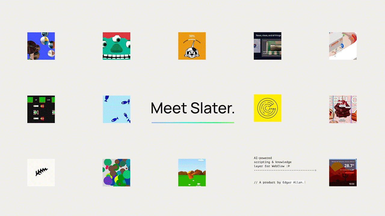 Slater App - For Weblow ai animation branding design graphic design motion design motion graphics storytelling ui webflow