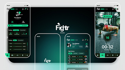 Fightr app branding concept dark theme design fitness game logo minimalistic mobile ui ui design ux design