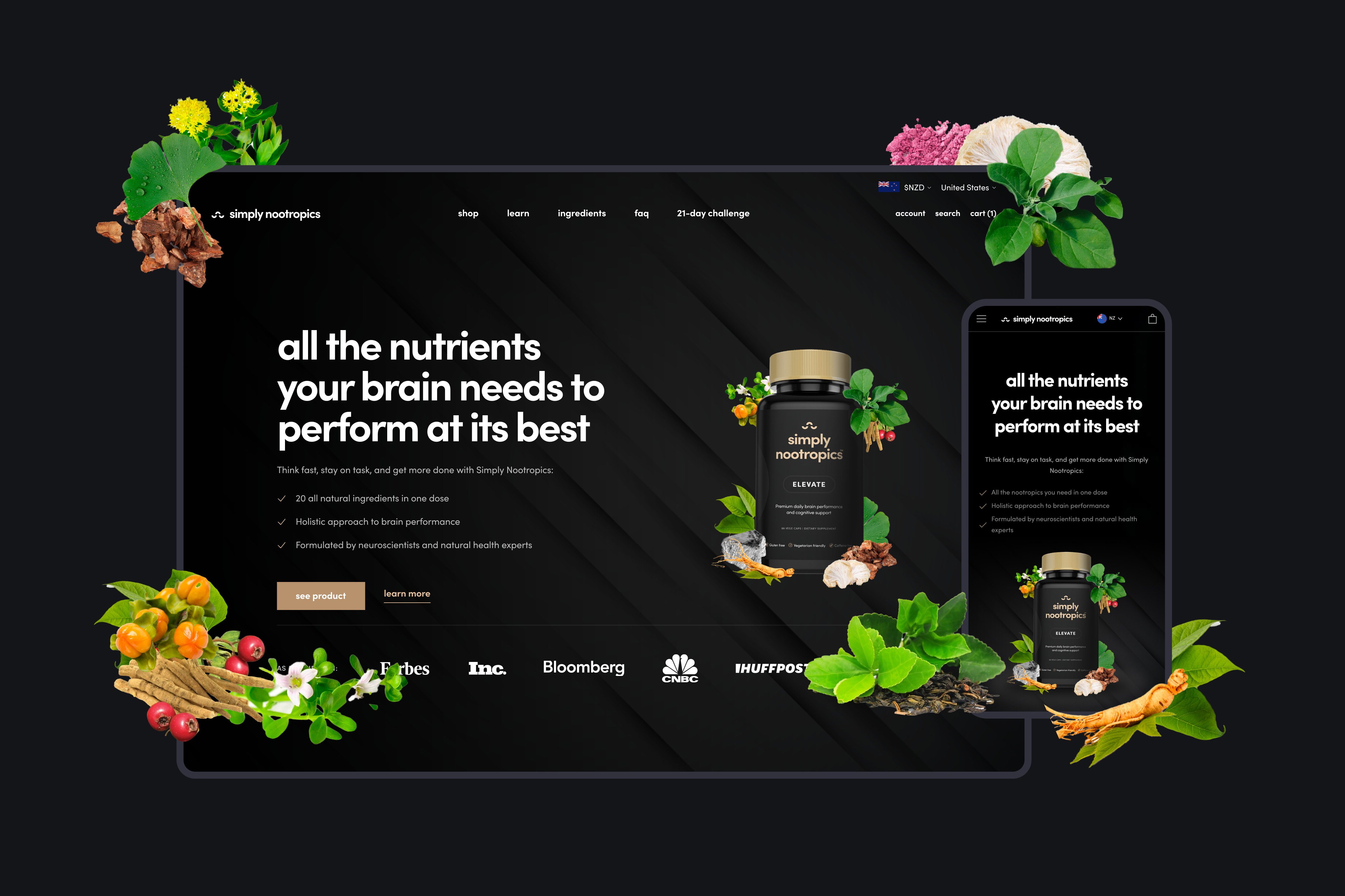 Simply Nootropics branding clean dark ecommerce graphic design minimalist mobile design modern nootropics shopify supplements ui web design