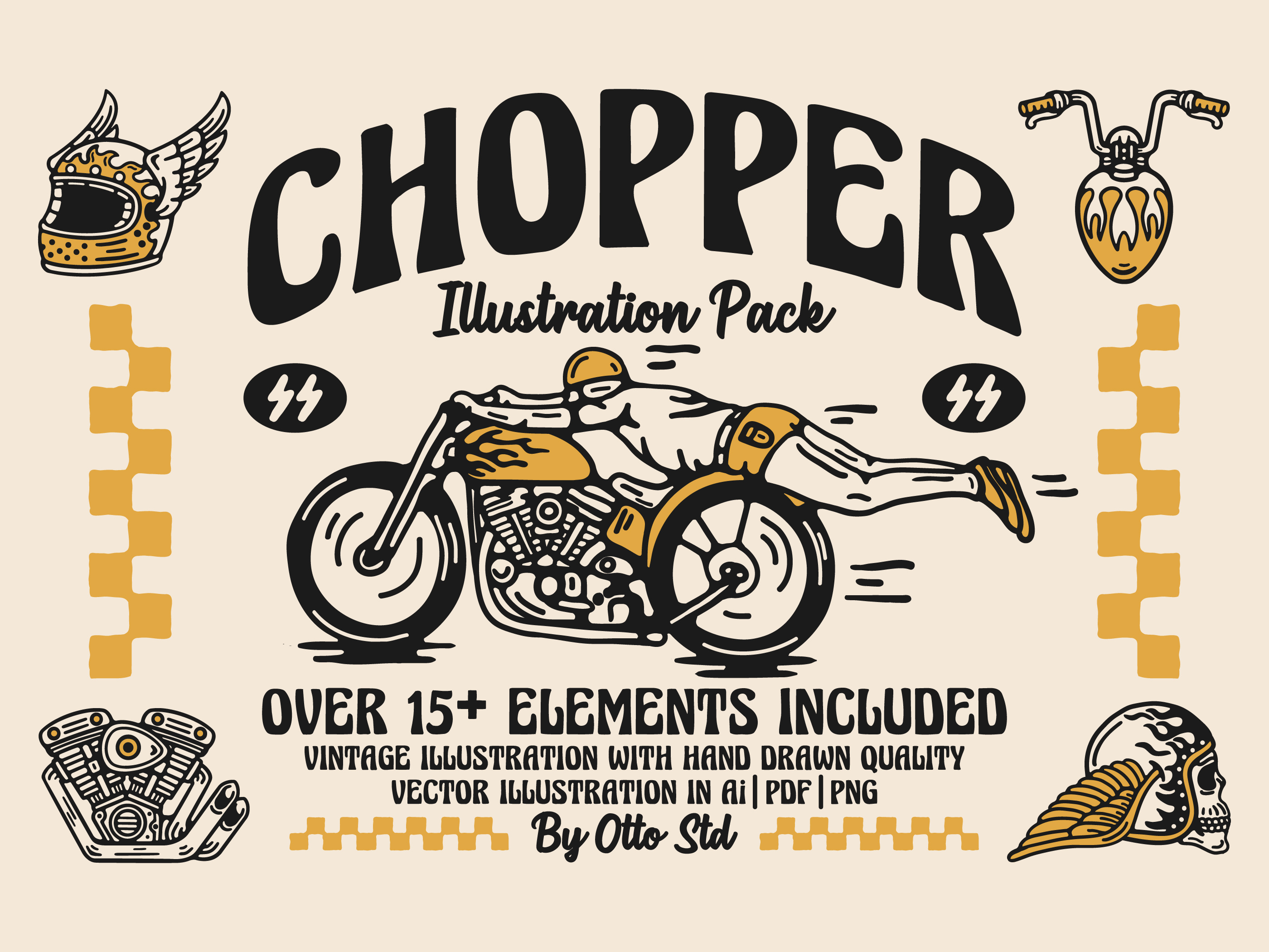 CHOPPER ILLUSTRATION PACK availabledesign badgedesign chopper customs design designforsale garage graphic design harley davidson illustration logo motorcycle motorcycle illustration ride tshirtdesign ui vintage badge vintage design