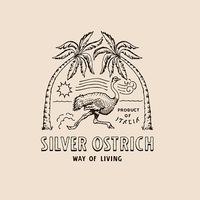 Silver Ostrich badge beach bird branding classic graphic design illustration island jungle logo ocean palms tattoo tropical vintage