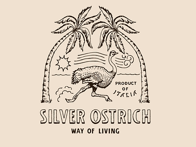 Silver Ostrich badge beach bird branding classic graphic design illustration island jungle logo ocean palms tattoo tropical vintage