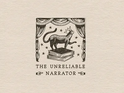 The Unreliable Narrator badge books branding cat graphic design illustration logo play stage theater theatre vintage witch wizard