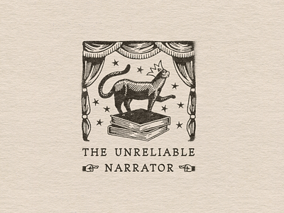The Unreliable Narrator badge books branding cat graphic design illustration logo play stage theater theatre vintage witch wizard