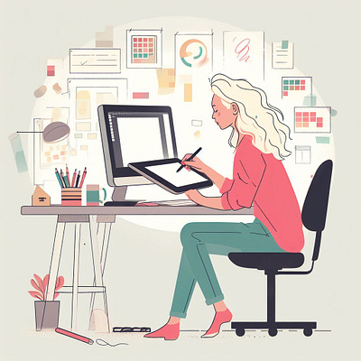 Illustration of a Woman Working 3d animation app branding design designer graphic design illustration logo motion graphics typography ui ux vector visual visual design web design