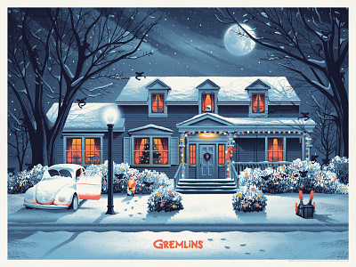 Gremlins Poster christmas dan kuhlken design dkng dkng studios gremlins holiday house illustration moon nathan goldman poster snow vector vw bug winter