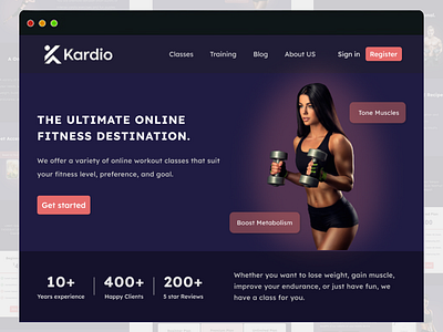 GYM - Online Workout Classes (Landing page) app app design blue calories cardio design english graphic design gym gymapp landing page pink ui uiux ux web design webdesign website website design workout