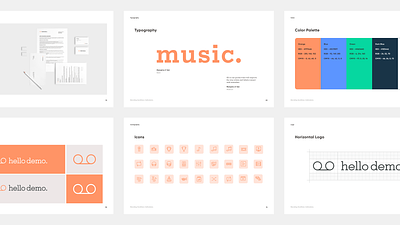 hello demo brand book brand book branding deck demo icons logo music orange record startup stationary tape typography