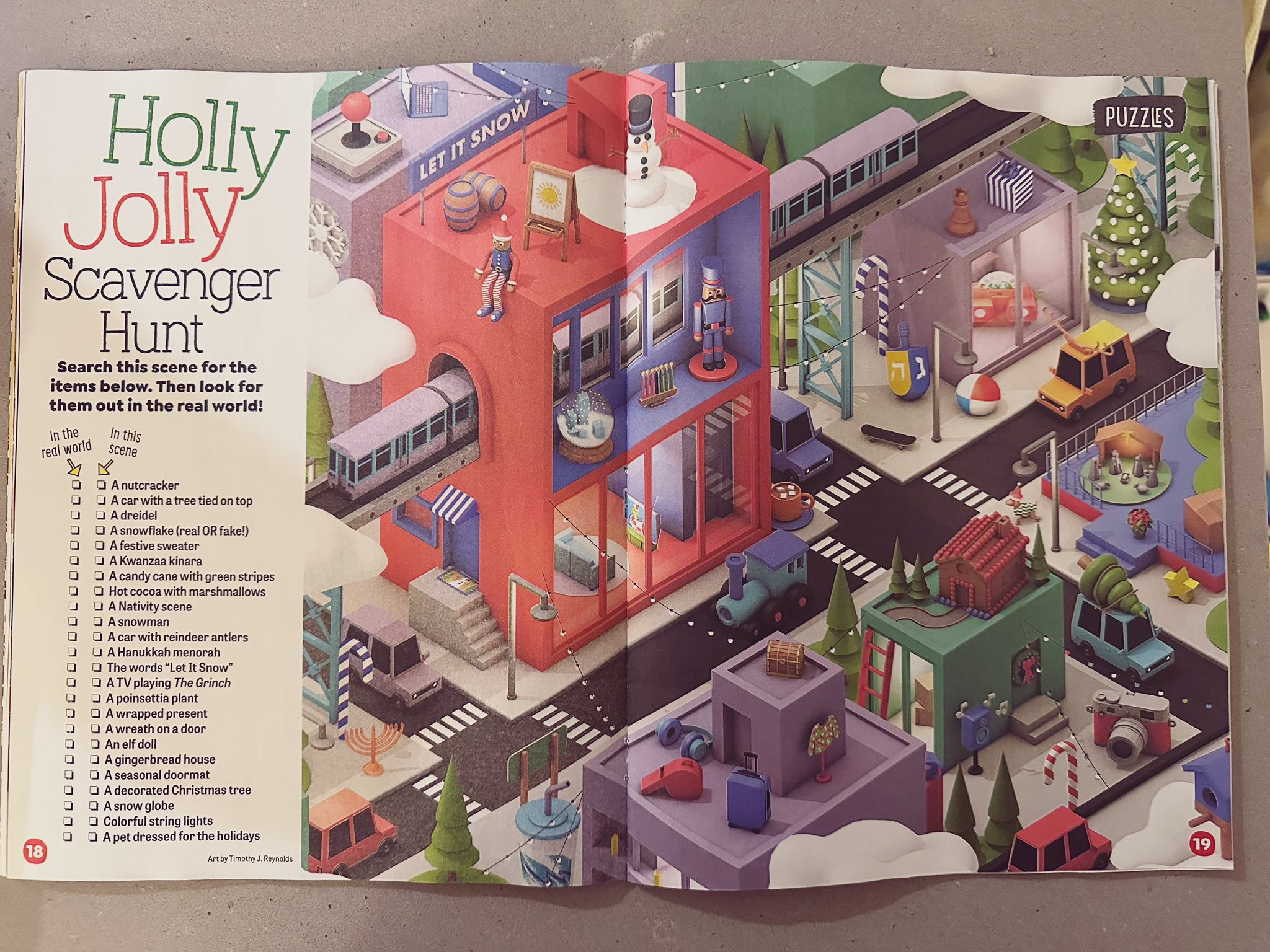 "Holly Jolly Scavenger Hunt" - Highlights Magazine, December '23 3d c4d childrens magazine christmas cinema 4d city editorial hanukkah highlights highlights magazine illustration intersection kids magazine