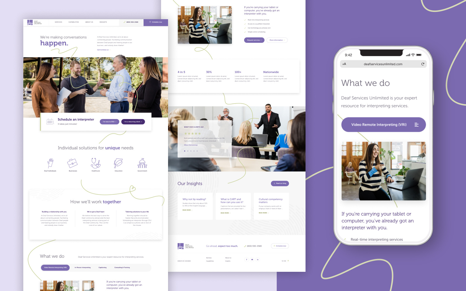 DSU Website asl communication deaf des moines dsm green hard of hearing interpreter iowa line mobile purple responsive services sign language squiggle web web design website wordpress