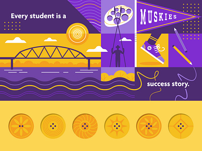 Muscatine Illustrations bridge buttons clam education gold graphic design illustration iowa mississippi muscatine muskie pattern pearl pencils purple river school student sun vector