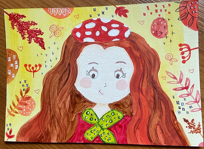 Fall girl with mushroom hat art artist colored pencils dtiys illustration watercolors watercolour