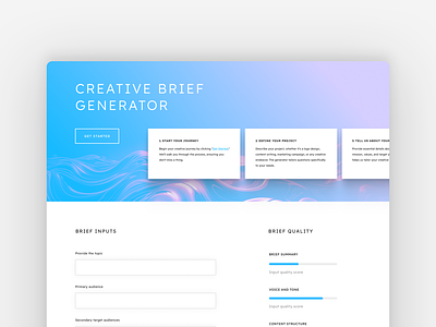 Creative Brief Generator abstract background ai landing page ai marketing page ai website card rotator clean creative brief creative brief landing page design digital design fresh graphic design minimal minimalistic simple subtle gradient typography ui ux