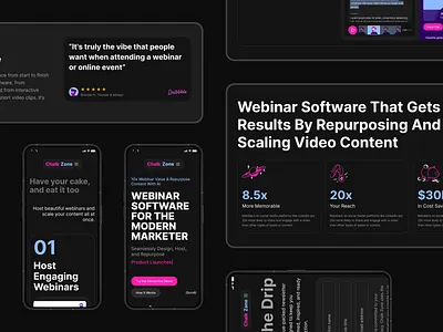 Chalk Zone - Webinar Software For Modern Marketer Website ai content dark mode event home homepage host landing page marketer meeting online software ui ui ux video webinar website