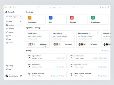 Remotefy - Remote Team Management Saas Webapp | Meetings app application clean collaborate design management meeting dashboard meetings minimalist platform remote saas team team management tool ui uiux ux webapp website