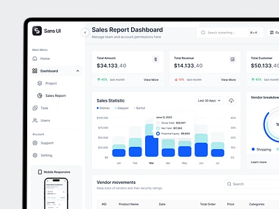 Sales Report Dashboard - Sans UI app bar chart dashboard graph landing page pie radial report saas sales sans software ui website