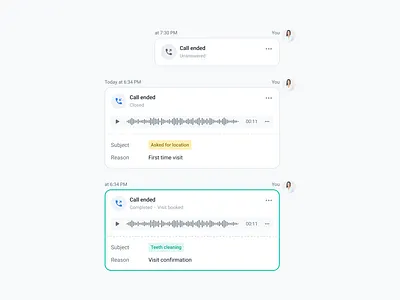 Docplanner Phone - Activity component activity answer call book visit call call recording clinic component patient calls recording set subject timeline