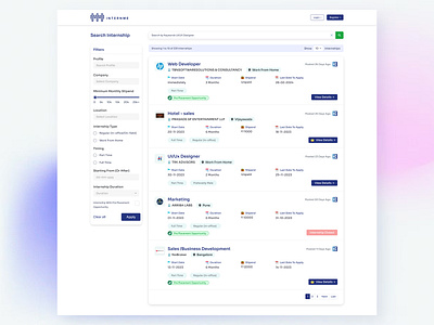 Candidate Internship - Search Page best internship website candidate design internme internme.app internship internship students ui