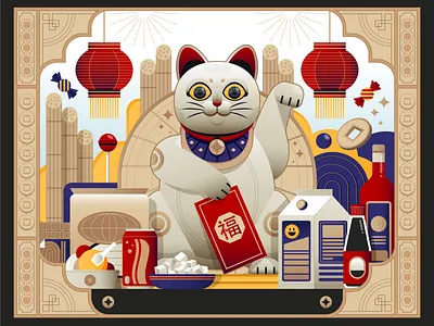 Prosperity and Products cat china chinese design digital editorial icon illustration indonesia lantern manekineko money product sugar vector