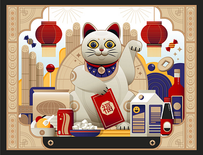 Prosperity and Products cat china chinese design digital editorial icon illustration indonesia lantern manekineko money product sugar vector