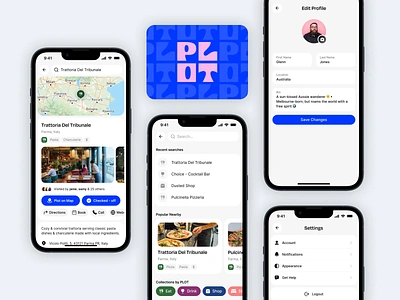 PLOT UI Details app blue brand branding classy discover funky ios app logo map mapping minimal restaurant retro social tailwind transport travel white wine