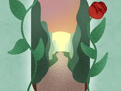 Fairytalelike landscape illustration 2d design fairytale graphic design illustration landscape park lane procreate roses storybook stylized sunset trees