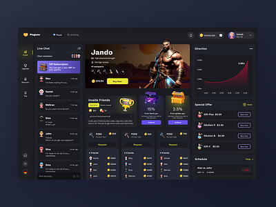 Game Dashboard app battle chart chat chatbox clean darkmode dashboard game gamer illustration interface list slidebar stream twitch uidaily uitrends userexperience ux figma
