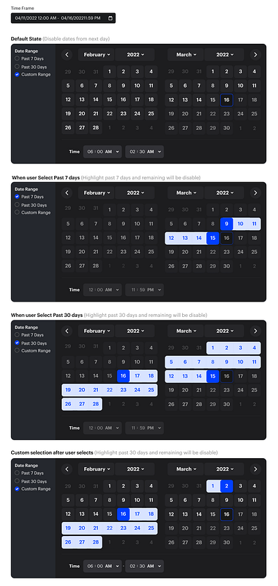 Custom Datepicker with different date range calendar design elements graphic design product design ui ux