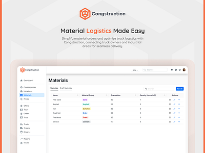Congstruction - Simplify Material Logistics. admin design logistics panel simplicity ui ux