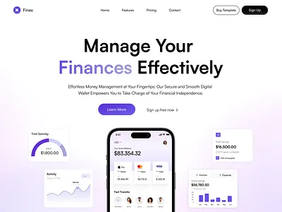 Finax Mobile App Landing page animation app branding finans landing page typography ui