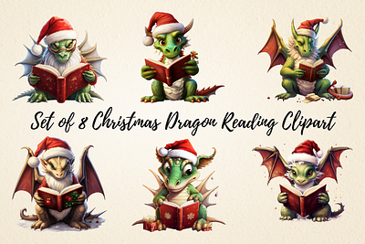 Christmas Dragon Reading Clipart Bundle digital paper crafts