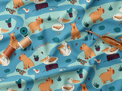 Capybaras River Friends animal design fabric fabric design illustration pattern design seamless pattern surface design vector