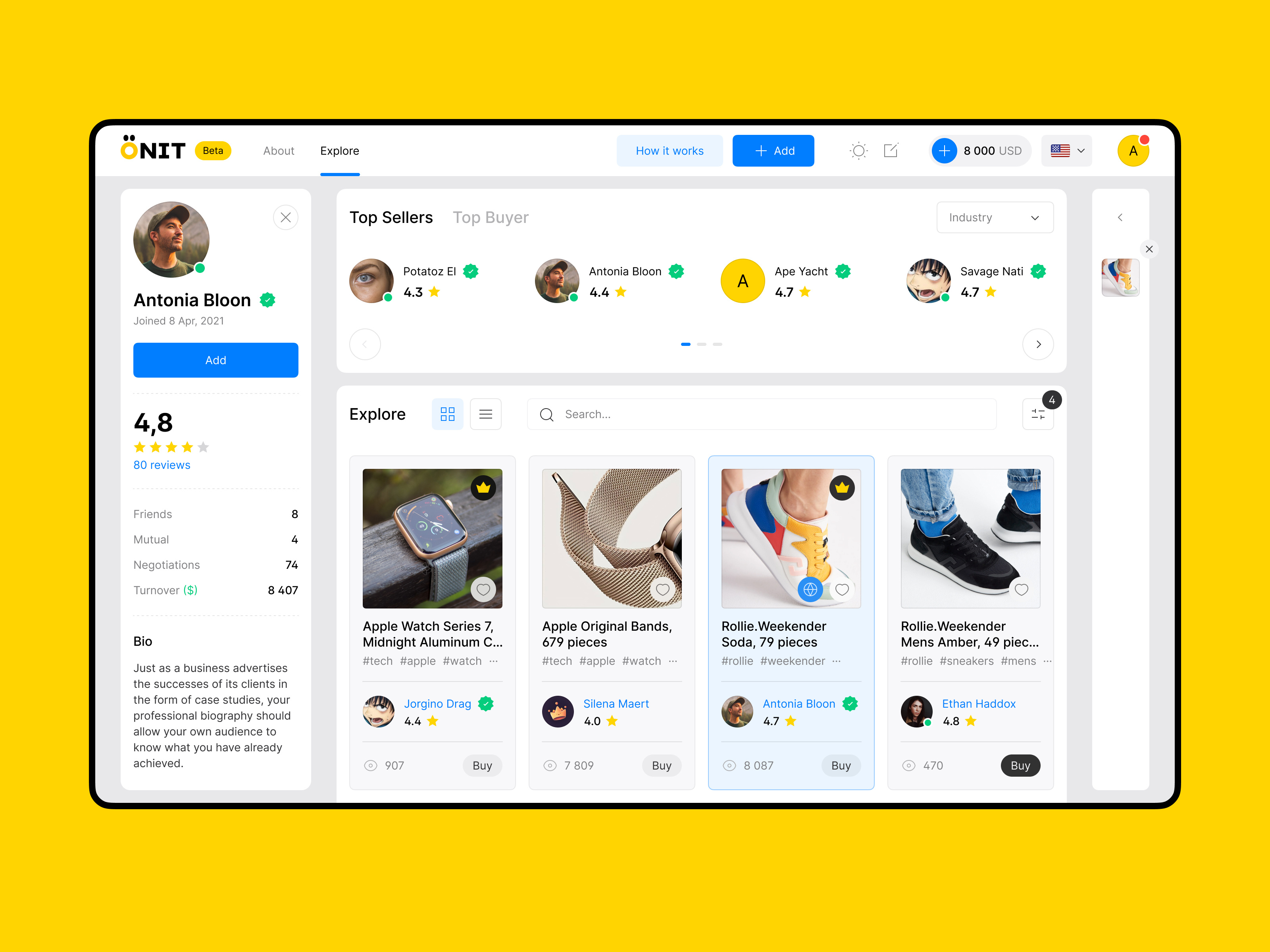 Onit – UI/UX branding cards marketplace profile ui ux