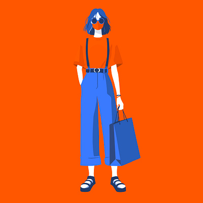 𝘚𝘩𝘰𝘱𝘱𝘪𝘯𝘨 𝘷𝘪𝘣𝘦𝘴 🛒 blue casual style cool covid design fashion female graphic design hipster illustration minimalistic modern orange outfit shopping streetwear sunglass vector woman