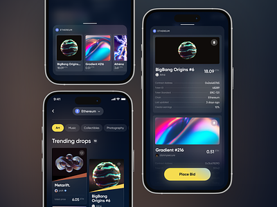 Dynamic NFT cart exploration ✨ app app design cart dark design dynamic gradient graphic design immersive mobile nft recap shop shopping ui ux