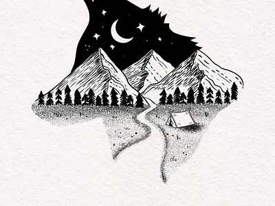 Wolf landscape (inking) 2d design graphic design illustration inking landscape mountains night pen procreate storybook stylized tent wolf