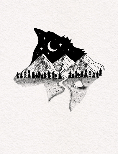 Wolf landscape (inking) 2d design graphic design illustration inking landscape mountains night pen procreate storybook stylized tent wolf