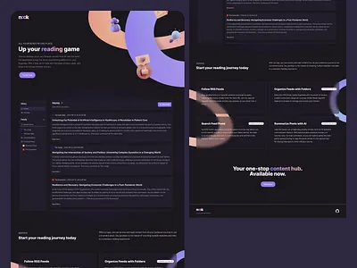 Nook - RSS feed web application 3d ai cards cta glassmorphism landing landing page ui ux