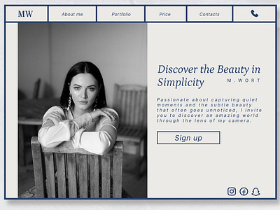 BEAUTY IN SIMPLICITY blue branding design phographer portfolio ui web design white
