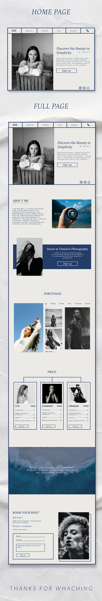 BEAUTY IN SIMPLICITY blue branding design phographer portfolio ui web design white